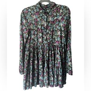 ZARA Black Ditzy Floral Collared Tiered Shirt Dress Size S